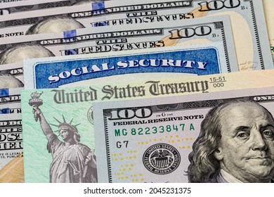 Social Security card, treasury check and 100 dollar bills. Concept of social security benefits payment, retirement and federal government benefits - Shutterstock ID 2045231375