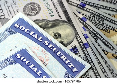 Social Security Card And US Currency - Retirement Concept Social Security Benefits