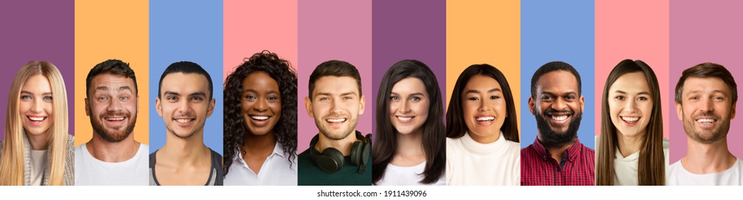 Social variety and diversity concept. Mosaic of human faces, people of various nationalities smiling happily on colorful studio backgrounds, panorama with copy space. Multiracial community
