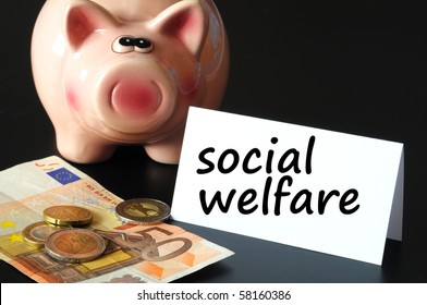 Social Welfare Concept With Money And Piggy Bank On Black Background