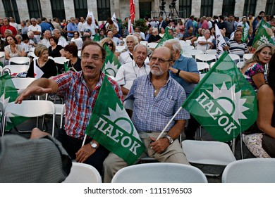 Socialist Party Supporters Wave Flags During Party Leader Fofi Gennimata Addresses In Athens, Greece On  Sep. 15, 2015