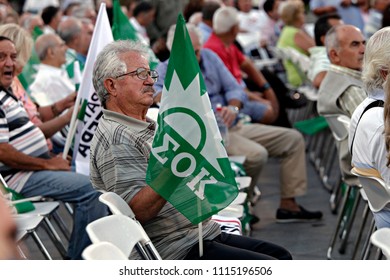 Socialist Party Supporters Wave Flags During Party Leader Fofi Gennimata Addresses In Athens, Greece On  Sep. 15, 2015