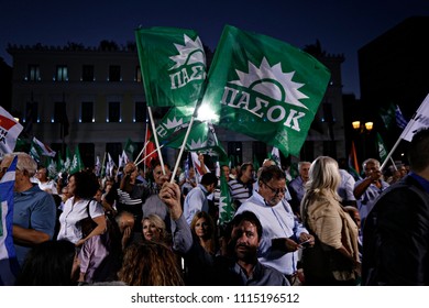 Socialist Party Supporters Wave Flags During Party Leader Fofi Gennimata Addresses In Athens, Greece On  Sep. 15, 2015