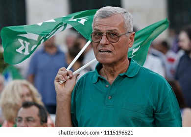 Socialist Party Supporters Wave Flags During Party Leader Fofi Gennimata Addresses In Athens, Greece On  Sep. 15, 2015