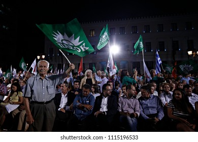 Socialist Party Supporters Wave Flags During Party Leader Fofi Gennimata Addresses In Athens, Greece On  Sep. 15, 2015