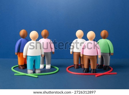 Society is divided into two groups based on an issue or opinion. A split in society. Polarization concept, social tension and conflicting values. Public debate, media influence and division risks