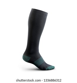 Sock In High Resolution On An Isolated White Background Socks Gaiters Of Black Color With Birch Inserts. Compression Sock For Sports Activities Poisoned On A White Background