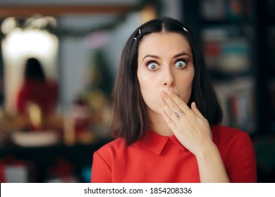 Socked Woman Covering Her Mouth. Secretive girl keeping juicy gossip to herself
