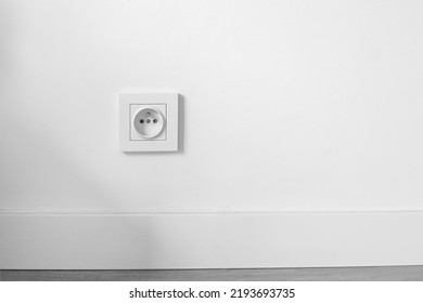socket on white wall with copyspace, electrical planning, convenient, euro sockets. Power sockets, closeup. Electrical supply, selective focus