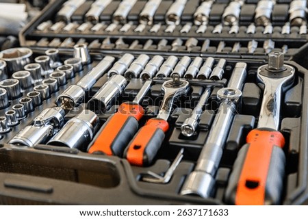 Socket set with socket wrench. Toolkit for car maintenance