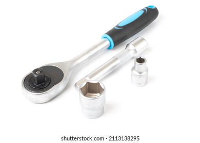 the socket wrench is isolated on a white background. various wrench heads and tips. A set of tools, details of a set of tools in close-up. Socket Wrench power Wrench.
