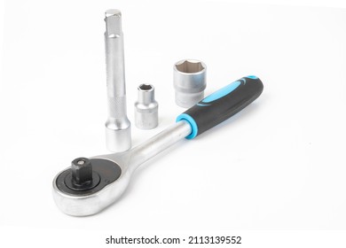 the socket wrench is isolated on a white background. various wrench heads and tips. A set of tools, details of a set of tools in close-up. Socket Wrench power Wrench.