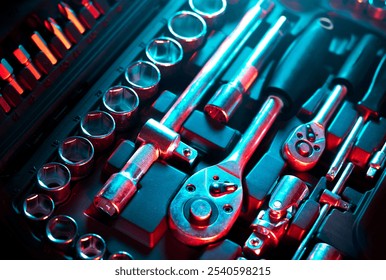 Socket wrench set toolbox - Professional chrome vanadium sockets, tools, wrenches, spanners and screwdriver bits tools organized in box.