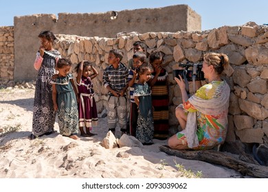 Socotra, Yemen - October 19, 2021: Shooting Happy Kids In Village. Making Movie Document About This Life 