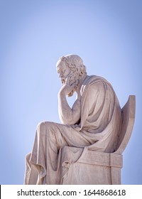 Socrates The Ancient Greek Philosopher And Thinker White Marble Statue Under Blue Sky, Athens Greece