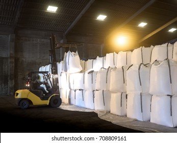 Soda ash in jumbo bags are store in warehouse and handling by forklift