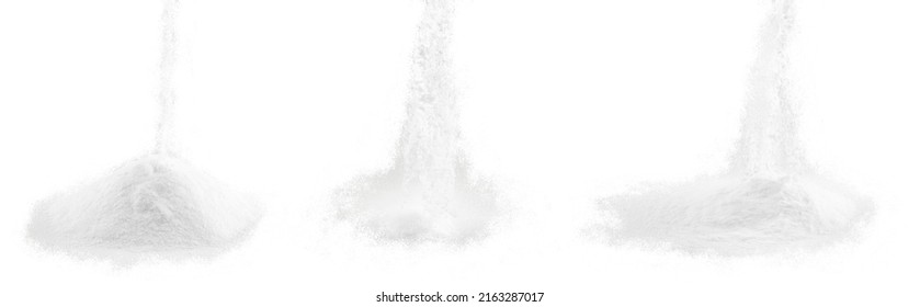 Soda, flour, salt or sugar are poured in heaps. Three different heaps of white powder isolated on a white background. - Powered by Shutterstock