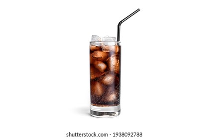 Soda With Ice In A Transparent Glass Isolated On A White Background. High Quality Photo