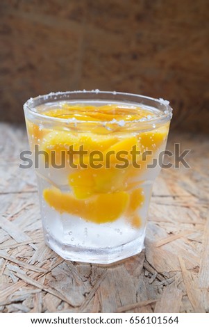 Soda with peaches in glass, summer drinks