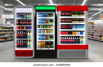 Soda pop drinks and soft drinks in Fridge.
Glass door fridge Horizontal photo mockup Soda pop cans and plastic bottles in vertical freezer at supermarket. Suitable for presenting new cans and bottles