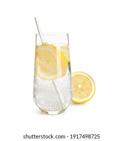 Soda Water With Lemon Slices And Fresh Fruit On White Background