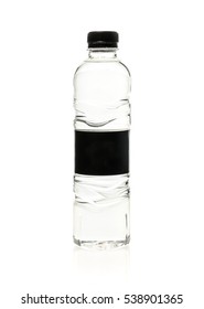 Soda Water Plastic Bottle With Blank Label. Isolated On White Background. Blank Black Color Label And Black Cap.