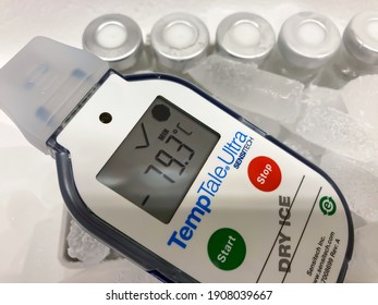 Sodertalje-Sweden - January 2021: Digital Sensor And Recorder, With Hoarfrost, For Temperature Control Showing Very Low Value Of Minus 79 Celsius Degrees In Container With Dry Ice. Selected Focus.