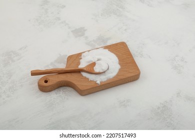 Sodium Carboxymethyl Cellulose Powder On Wooden Board. NaCMC. Food Additive E466, Impart Of Property Enhancements That Bring High Stability Of Texture Food And Beverages.