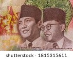 Soekarno, Kusno Sosrodihardjo, (1901-1970), the first President of Indonesia, and Dr. H. Mohammad Hatta,( 1902–1980), Vice President. Portrait from Indonesia 75 000 Rupiah 2020 Banknotes.