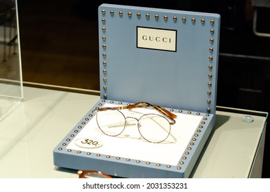 Soest, Germany - August 23, 2021:  GUCCI Glasses In The Shop Window.