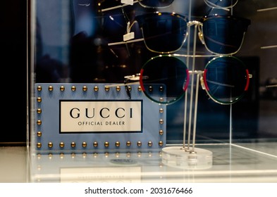 Soest, Germany - August 23, 2021:  GUCCI Glasses In The Shop Window.