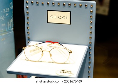 Soest, Germany - August 23, 2021:  GUCCI Glasses In The Shop Window.