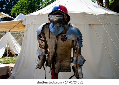 Soest, Germany - August 4, 2019: Metal medieval knight armor parts. Soester Fehde 2019.