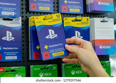 Soest, Germany - January 8, 2019: PlayStation.Plus Cards For Sale In The Shop.