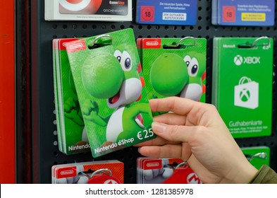 Soest, Germany - January 8, 2019: Nintendo EShop Gift Cards For Sale In The Shop.