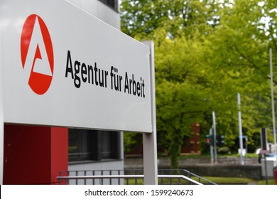 Soest, North Rhine-Westphalia / Germany - May 12, 2019: Signpost with the logo of a Job Center - Agentur für Arbeit, the state owned employment agency in Soest, Germany
