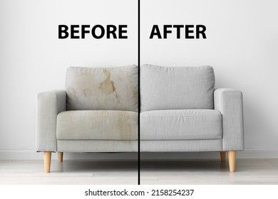 Sofa before and after dry-cleaning in room - Shutterstock ID 2158254237