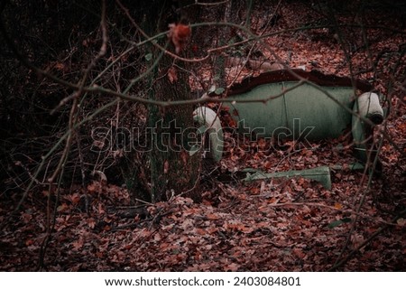 sofa in nature, sofa in nature, environmental pollution, garbage thrown by people into nature, abandoned sofa in the forest, scary forest, scary sofa in the forest, vintage, abandoned chair in forest