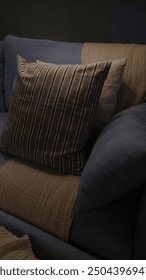 Sofa with pillows and a throw, emphasizing comfort and style in a modern living room.
