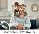 Sofa, son and hugging father in portrait, peace and single parent love for boy in living room. Daddy, kid and embrace for security on couch for care in childhood, relationship and comfortable home