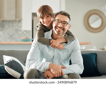 Sofa, son and hugging father in portrait, peace and single parent love for boy in living room. Daddy, kid and embrace for security on couch for care in childhood, relationship and comfortable home