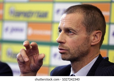 Sofia, Bulgaria - 11, December 2017: President Of The UEFA Aleksander Ceferin Talks To The Media During A Press Conference In Bulgarian Football Union.