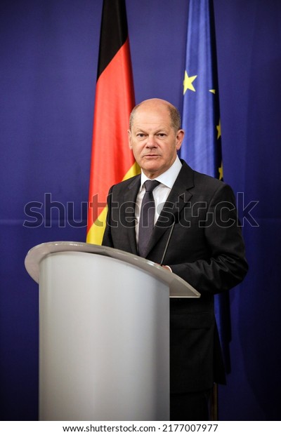 Sofia, Bulgaria, 11 June\
2022: German Chancellor Olaf Scholz listens during news conference\
during official visit at Council of Ministers office in\
Bulgaria.