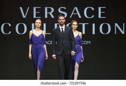 Sofia, Bulgaria - 21 March 2017: Models Walk The Runway During The Sofia Fashion Show. Fashion Catwalk Event Showing New Collection Of Clothes. Versace Collection.