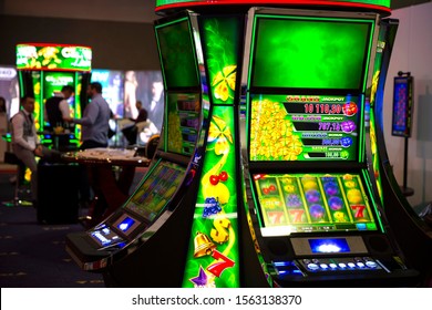 Sofia, Bulgaria - 21 November 2018: Green Slot Machines In A Casino Equipment Exhibition. Gambling.