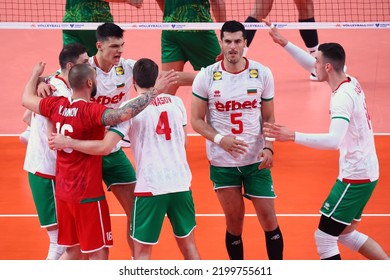 Sofia, Bulgaria - 24 June, 2022: Team Of Bulgaria Is Seen Celebrating During A Volleyball World Championship Group Stage Match Between Bulgaria And Australia.