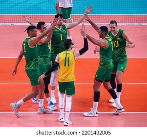 Sofia, Bulgaria - 24 June, 2022: Team Of Australia Is Seen Celebrating During A Volleyball World Championship Group Stage Match Between Bulgaria And Australia.