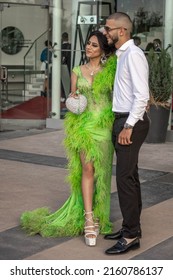 Sofia, Bulgaria - 24.05.2022, A Fancy Pair Of The Students Are Posing At The Graduate Prom Outside Of A Restaurant