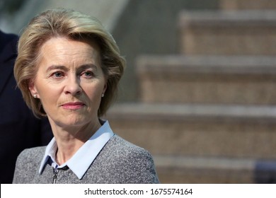 Sofia, Bulgaria - 3 March, 2020: EU Commission President Ursula Von Der Leyen Gives A Press Conference At The Sofia Airport.