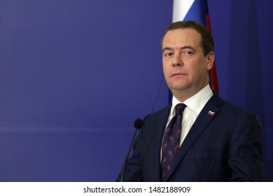 Sofia, Bulgaria - 4 March, 2019: Russian Prime Minister Dmitry Medvedev attends to a press conference after meeting with his Bulgarian counterpart.